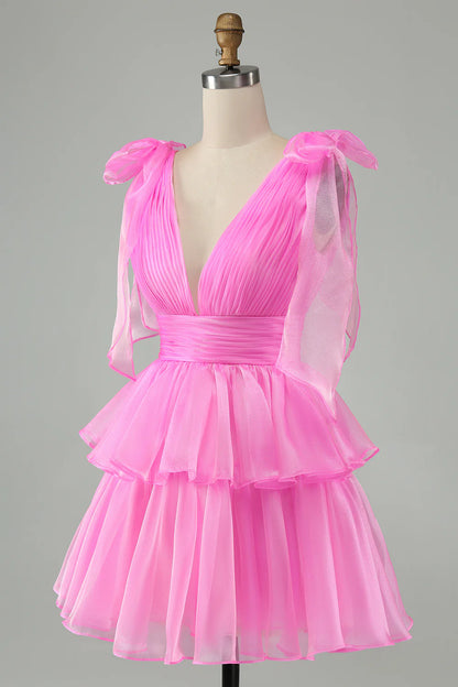 Hot Pink A Line V Neck Backless Pleated Tiered Short Homecoming Dress