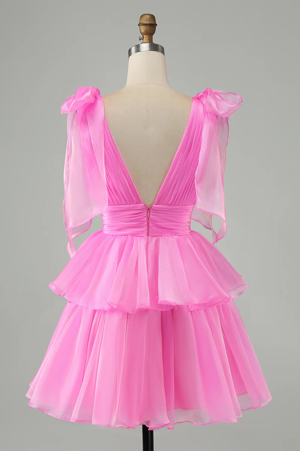 Hot Pink A Line V Neck Backless Pleated Tiered Short Homecoming Dress