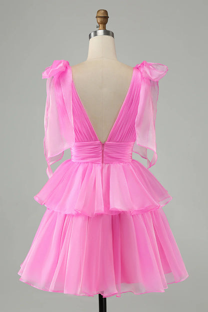 Hot Pink A Line V Neck Backless Pleated Tiered Short Homecoming Dress