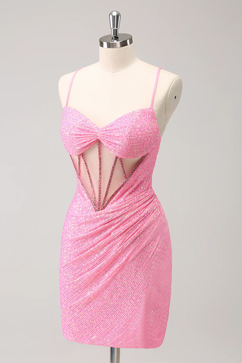 Pink Tight Sequin Corset Homecoming Dress with Lace Up Back
