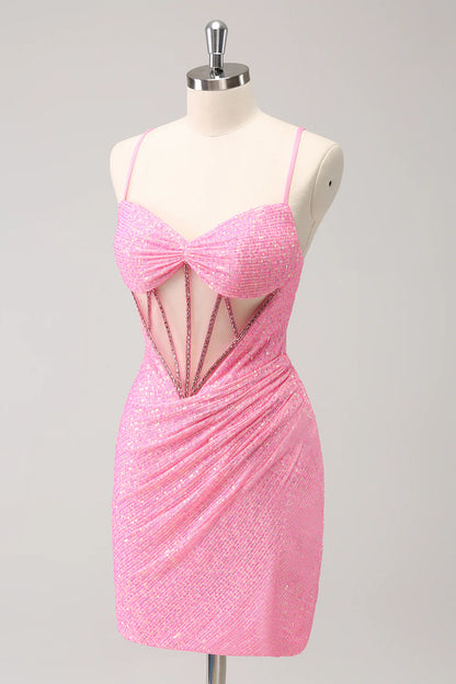 Pink Tight Sequin Corset Homecoming Dress with Lace Up Back