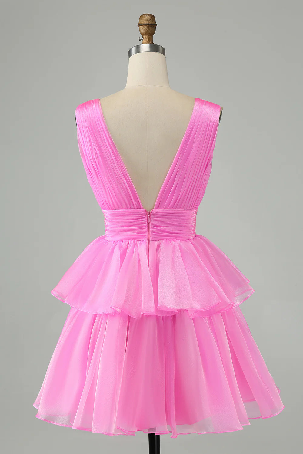 Hot Pink A Line V Neck Backless Pleated Tiered Short Homecoming Dress