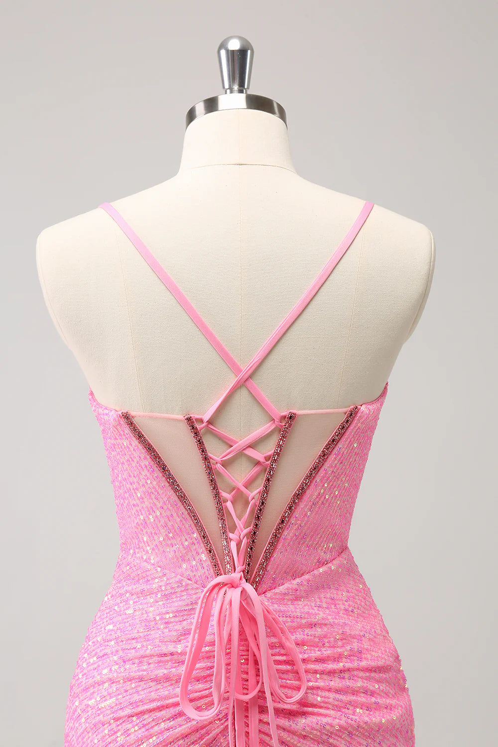 Pink Tight Sequin Corset Homecoming Dress with Lace Up Back