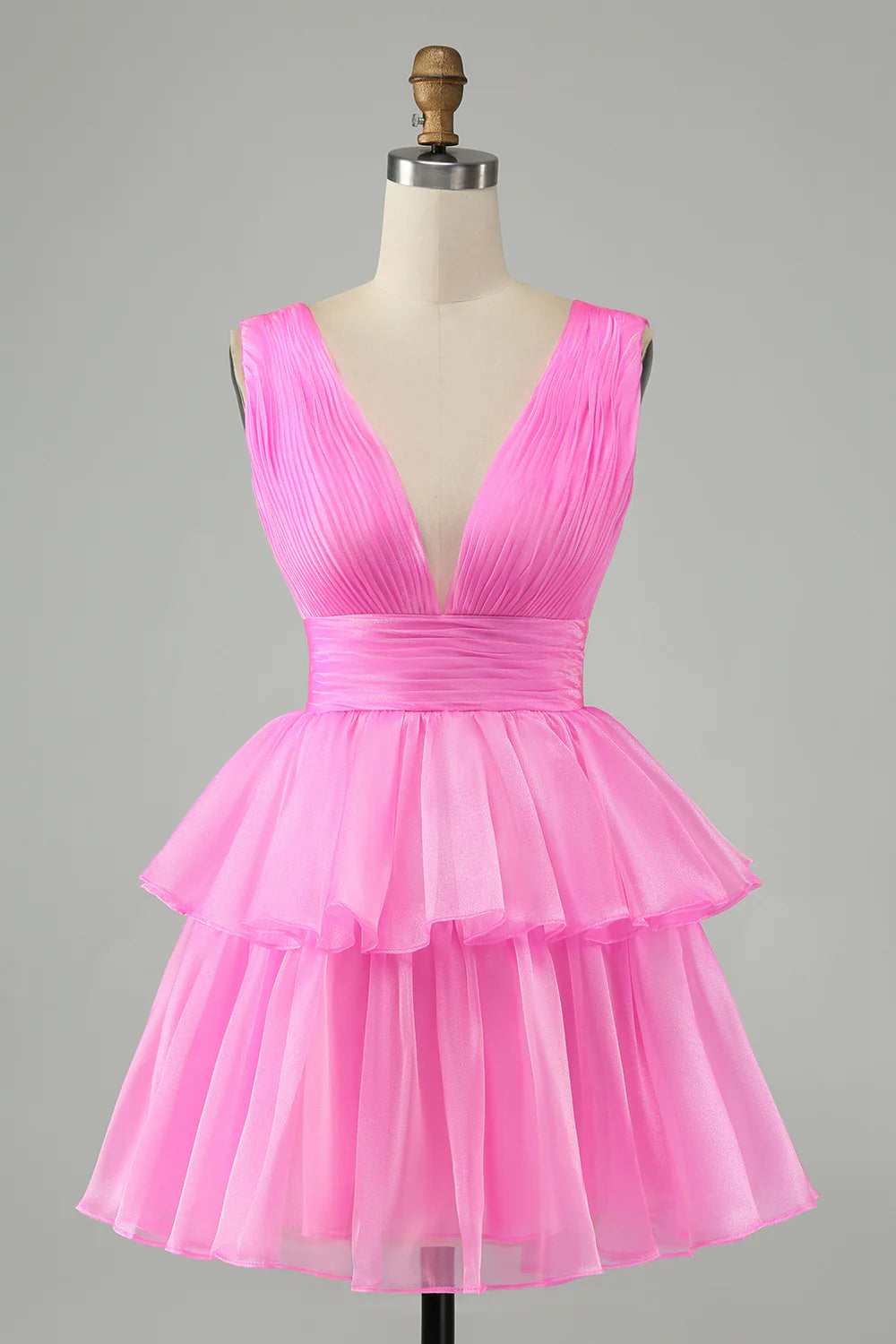Hot Pink A Line V Neck Backless Pleated Tiered Short Homecoming Dress