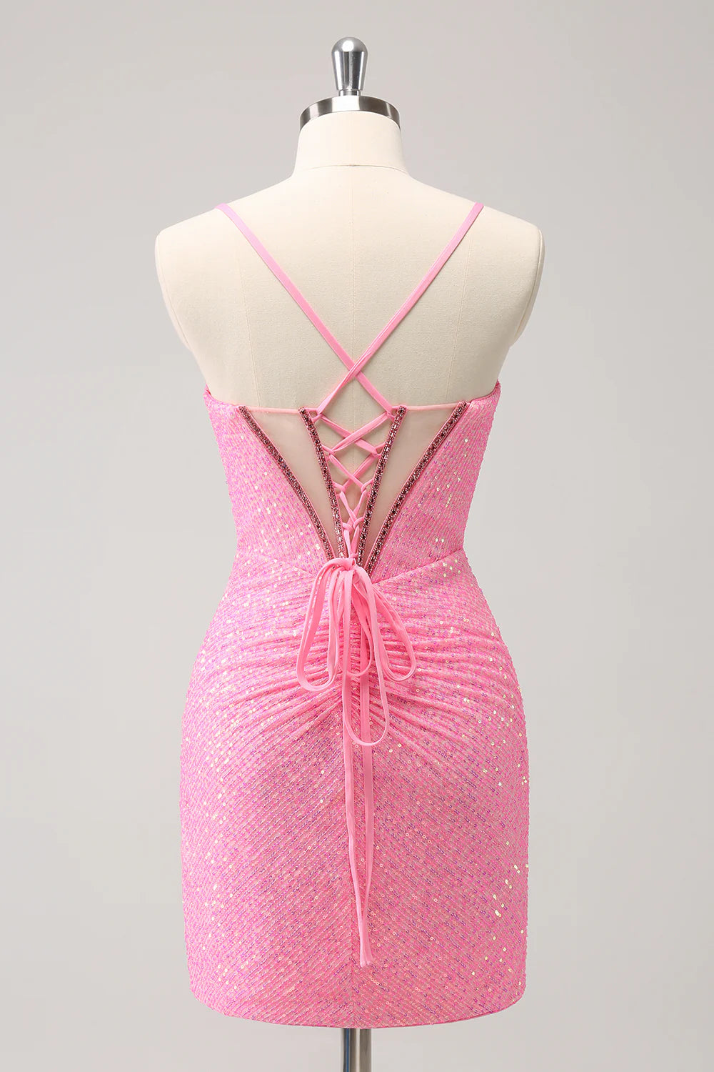 Pink Tight Sequin Corset Homecoming Dress with Lace Up Back