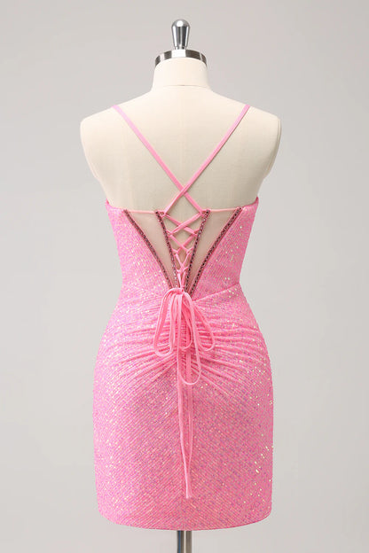 Pink Tight Sequin Corset Homecoming Dress with Lace Up Back