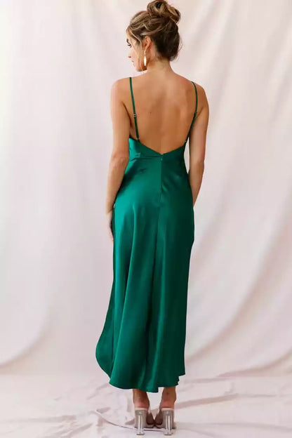 Hot long satin adjustable shoulder straps, slim fitting and hanging neckline, asymmetrical slit skirt, waist pleats, Bridesmaid Dresses