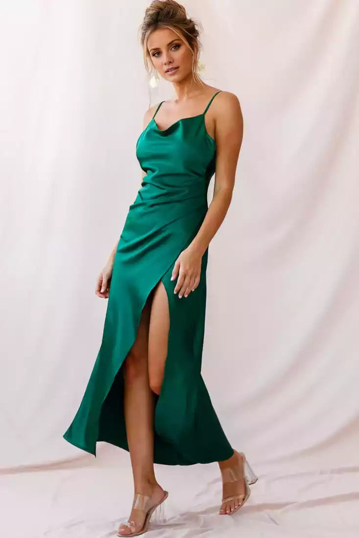 Hot long satin adjustable shoulder straps, slim fitting and hanging neckline, asymmetrical slit skirt, waist pleats, Bridesmaid Dresses