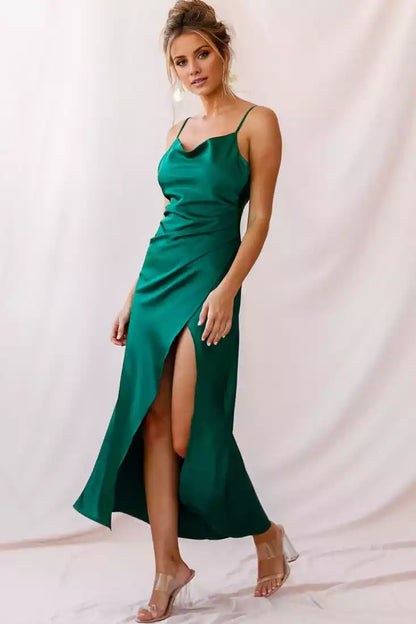 Hot long satin adjustable shoulder straps, slim fitting and hanging neckline, asymmetrical slit skirt, waist pleats, Bridesmaid Dresses