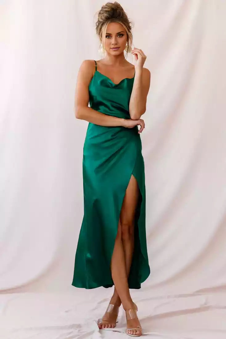 Hot long satin adjustable shoulder straps, slim fitting and hanging neckline, asymmetrical slit skirt, waist pleats, Bridesmaid Dresses