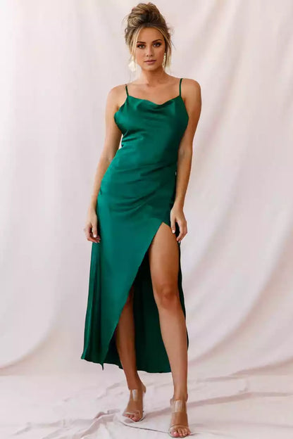 Hot long satin adjustable shoulder straps, slim fitting and hanging neckline, asymmetrical slit skirt, waist pleats, Bridesmaid Dresses