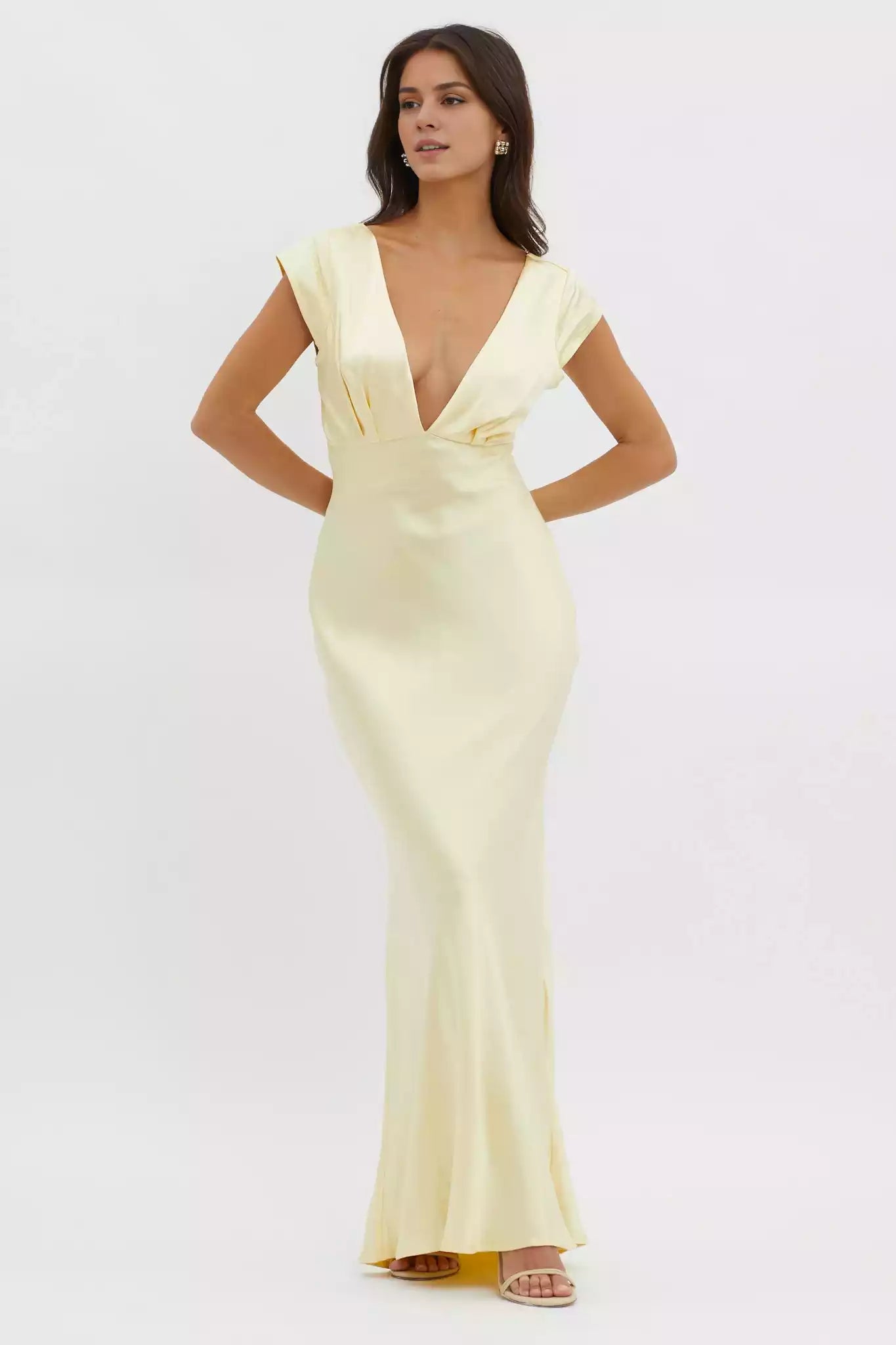 Hot partially lined short sleeved V-neck mid length pleated side with zipper Prom Dresses