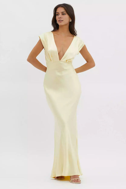 Hot partially lined short sleeved V-neck mid length pleated side with zipper Prom Dresses