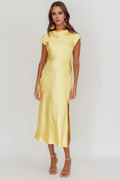 Hot satin medium long front leg slit high neck twisted back cut invisible side zipper bridesmaid dress