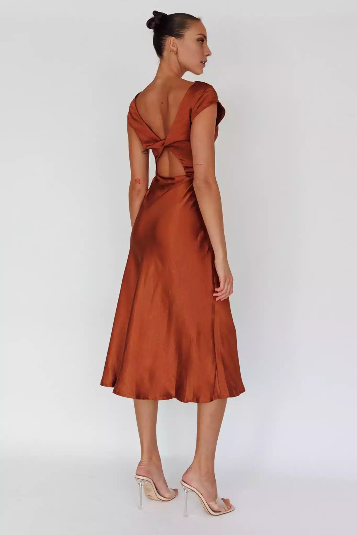 Hot satin unlined scarf collar, mid length design with zipper on the side, Bridesmaid Dresses