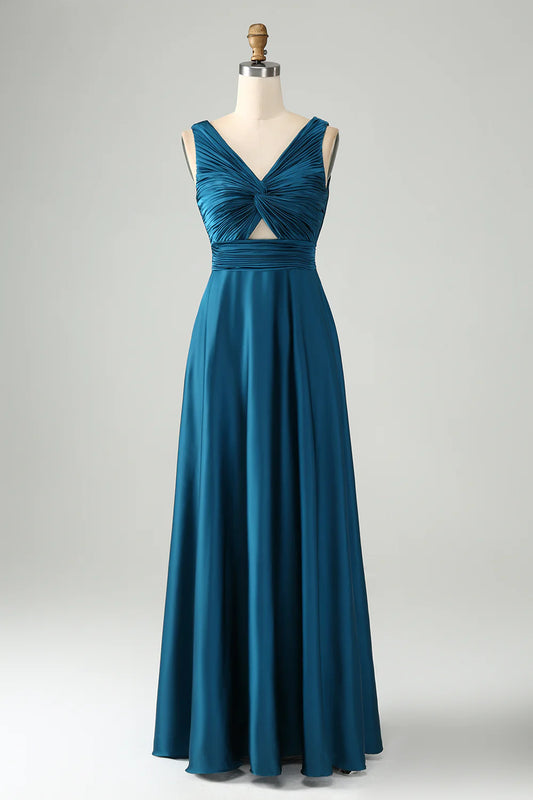 A Line V Neck Cut Out Pleated Satin Long Bridesmaid Dress
