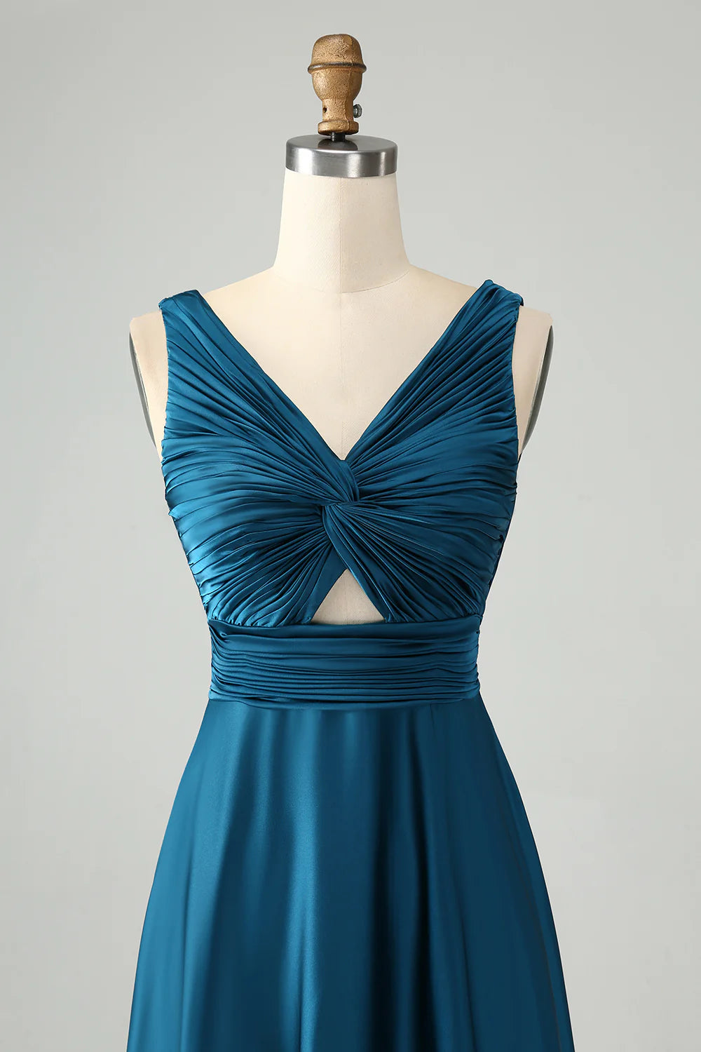 A Line V Neck Cut Out Pleated Satin Long Bridesmaid Dress