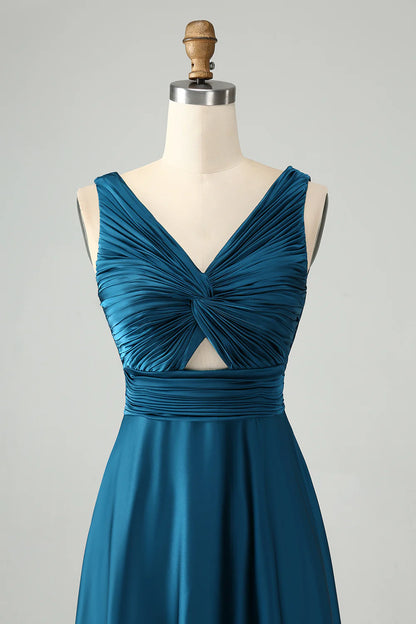 A Line V Neck Cut Out Pleated Satin Long Bridesmaid Dress