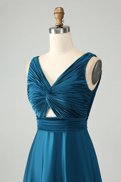 A Line V Neck Cut Out Pleated Satin Long Bridesmaid Dress