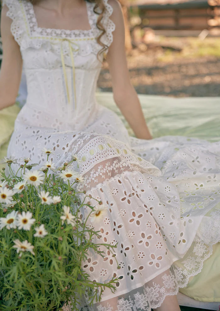 Ivory Cotton Eyelet Embroidery Maxi Dresses with Square Neck Ruffled Straps Lace Trim and Tiered Ruffle Hem