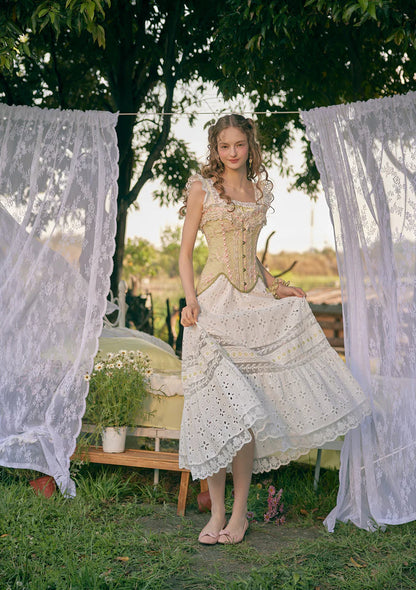 Ivory Cotton Eyelet Embroidery Maxi Dresses with Square Neck Ruffled Straps Lace Trim and Tiered Ruffle Hem