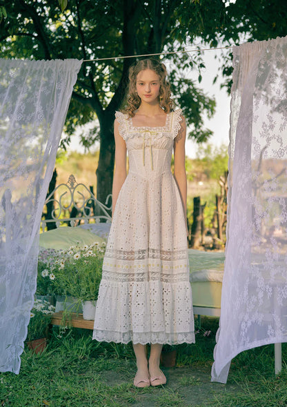 Ivory Cotton Eyelet Embroidery Maxi Dresses with Square Neck Ruffled Straps Lace Trim and Tiered Ruffle Hem
