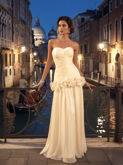 Ivory Maxi Evening Dresses with Sweetheart Strapless Bodice Ruched Waist Ruffled Flounce Hem and Mermaid Silhouette