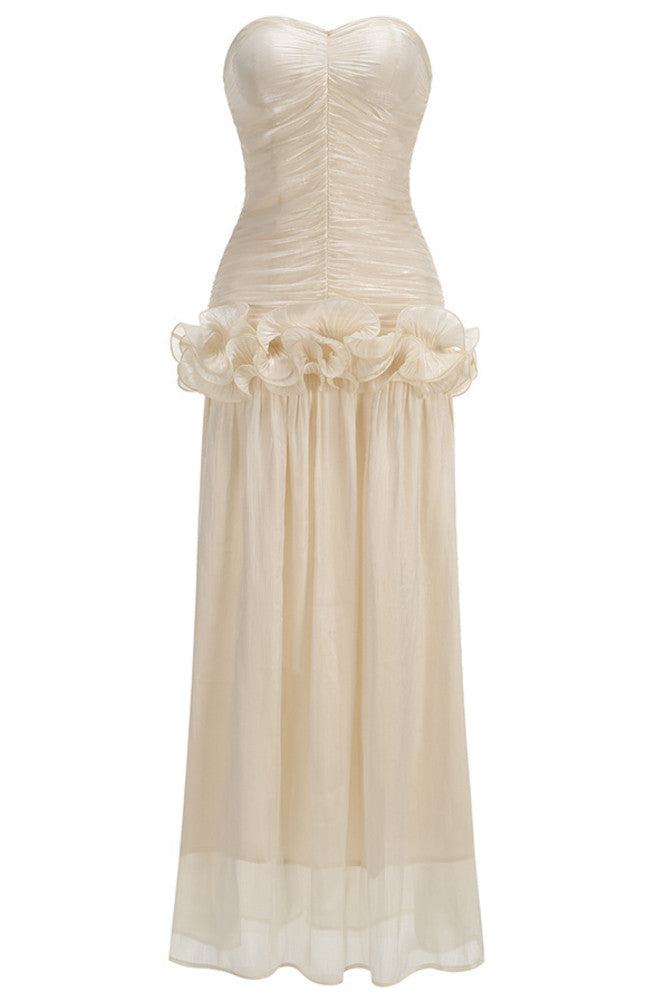 Ivory Maxi Evening Dresses with Sweetheart Strapless Bodice Ruched Waist Ruffled Flounce Hem and Mermaid Silhouette