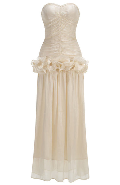Ivory Maxi Evening Dresses with Sweetheart Strapless Bodice Ruched Waist Ruffled Flounce Hem and Mermaid Silhouette