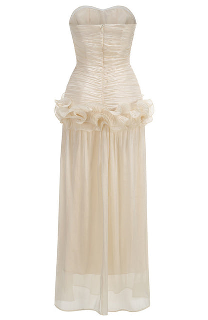 Ivory Maxi Evening Dresses with Sweetheart Strapless Bodice Ruched Waist Ruffled Flounce Hem and Mermaid Silhouette
