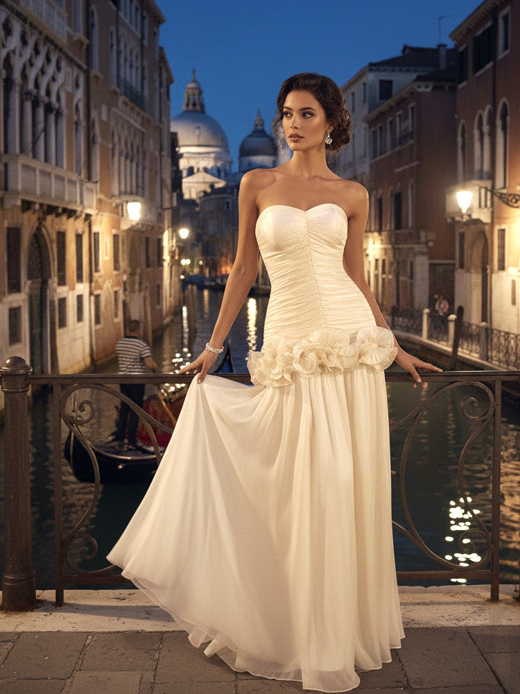 Ivory Maxi Evening Dresses with Sweetheart Strapless Bodice Ruched Waist Ruffled Flounce Hem and Mermaid Silhouette