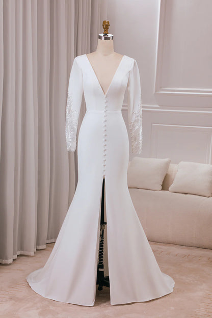 V-neck Long Sleeves Crepe and Lace Mermaid Bridal Dress