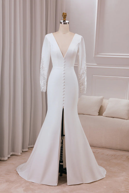 V-neck Long Sleeves Crepe and Lace Mermaid Bridal Dress