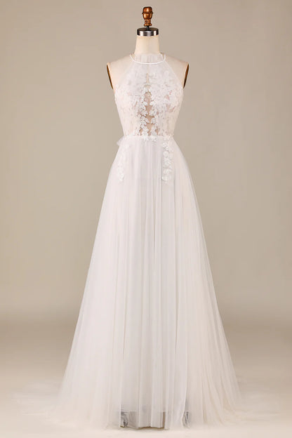 A Line Halter Neck Ivory Open Back Tulle Sweep Train Wedding Dress with Lace