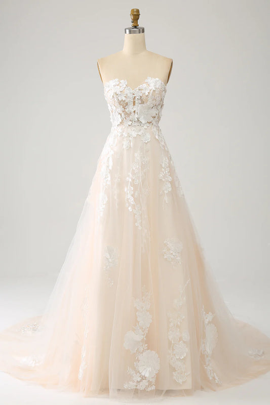 A Line Sweetheart Long Corset Wedding Dress With