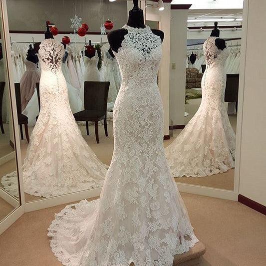 High Neck Mermaid Lace Wedding Dresses Sleeveless Vintage Bridal Dress