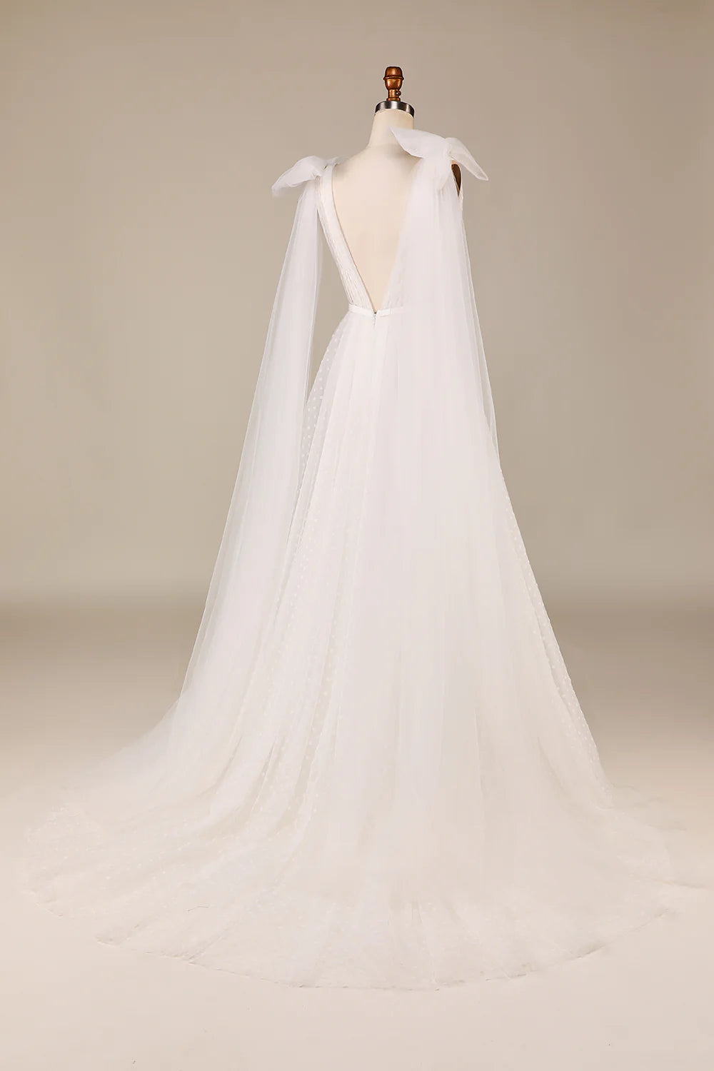 A Line V Neck Ivory Detachable Watteau Train Tulle Wedding Dress