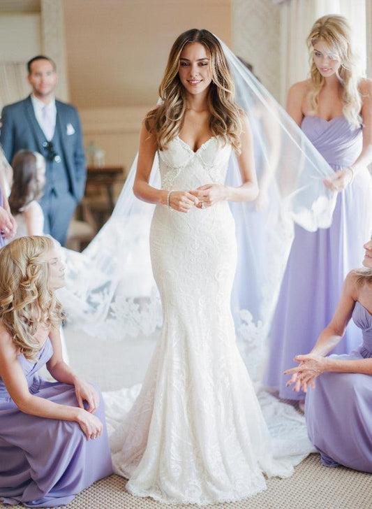Mermaid Spaghetti Strapless Bridal Gown Lace Backless Trumpet Court Train Wedding Dress