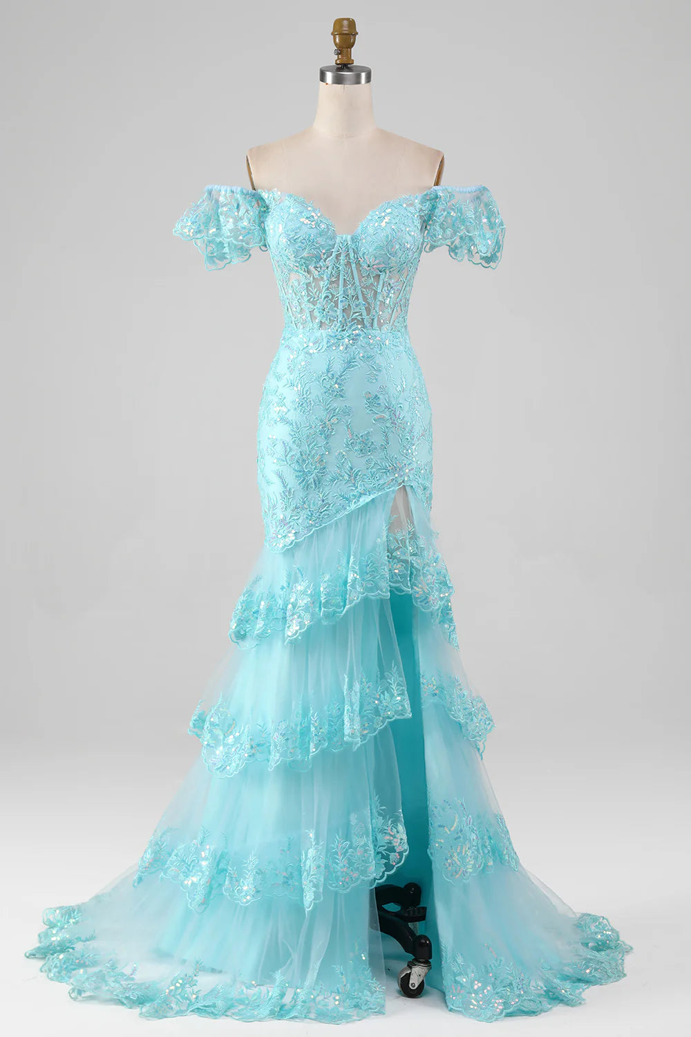 Sky Blue Sexy Off Shoulder Lace Sequin Mermaid Split Prom Dress