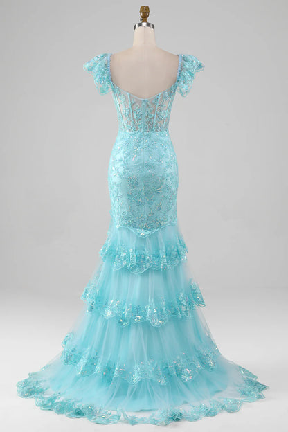Sky Blue Sexy Off Shoulder Lace Sequin Mermaid Split Prom Dress