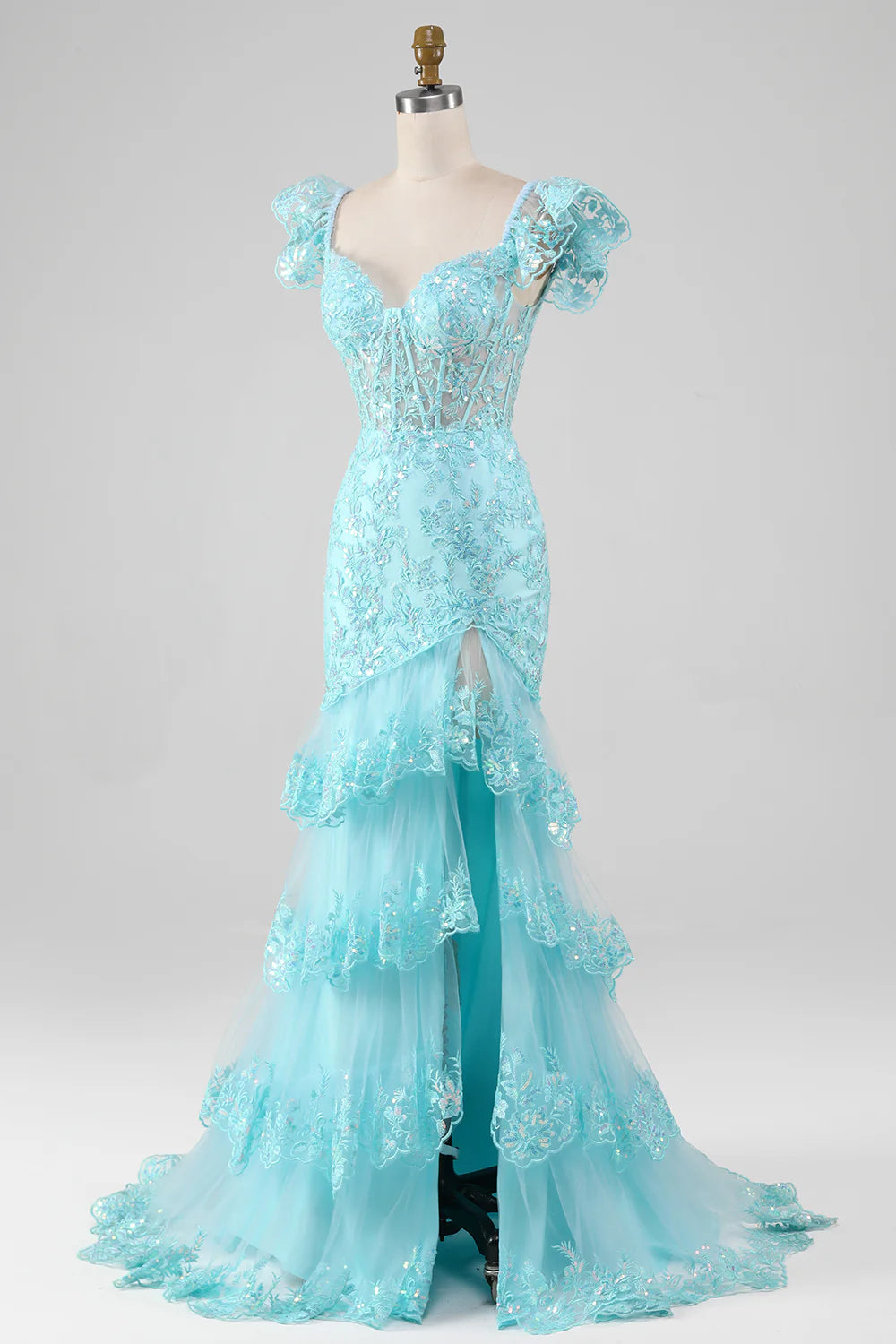 Sky Blue Sexy Off Shoulder Lace Sequin Mermaid Split Prom Dress