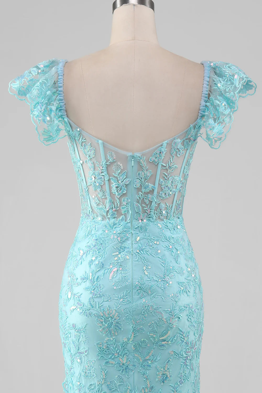 Sky Blue Sexy Off Shoulder Lace Sequin Mermaid Split Prom Dress
