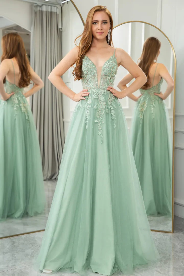 A-line sheer backless long ball dress adorned with sparkling patterns