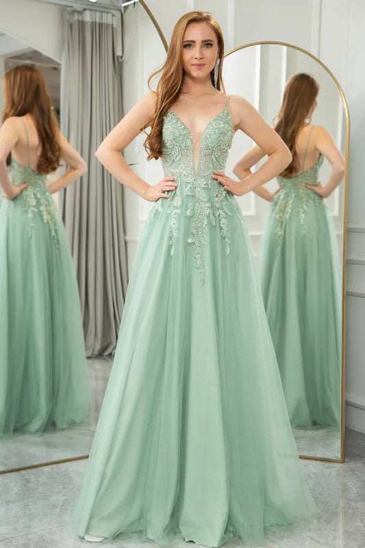 A-line sheer backless long ball dress adorned with sparkling patterns