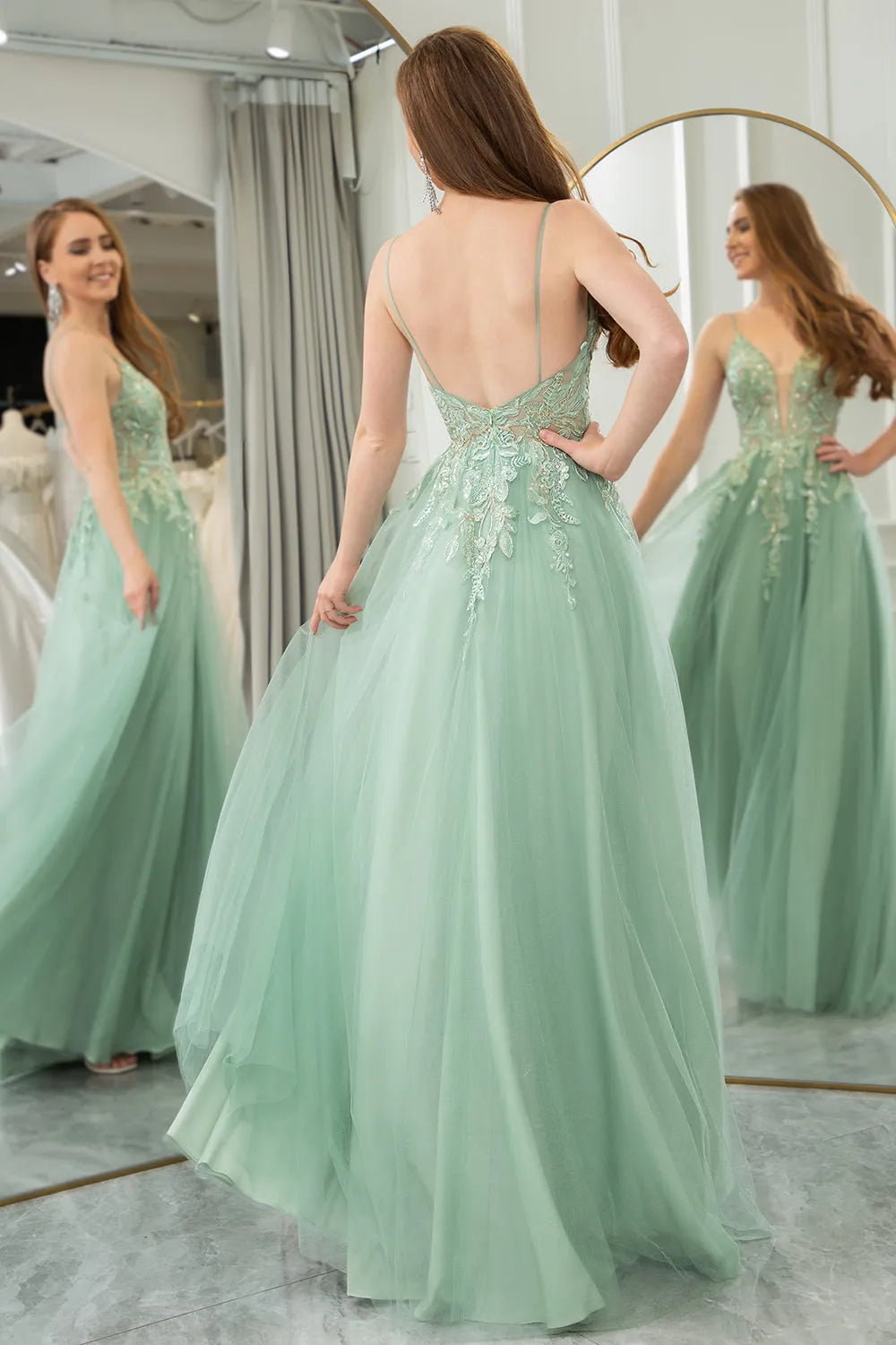 A-line sheer backless long ball dress adorned with sparkling patterns