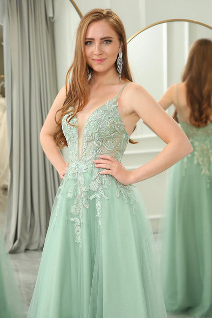 A-line sheer backless long ball dress adorned with sparkling patterns