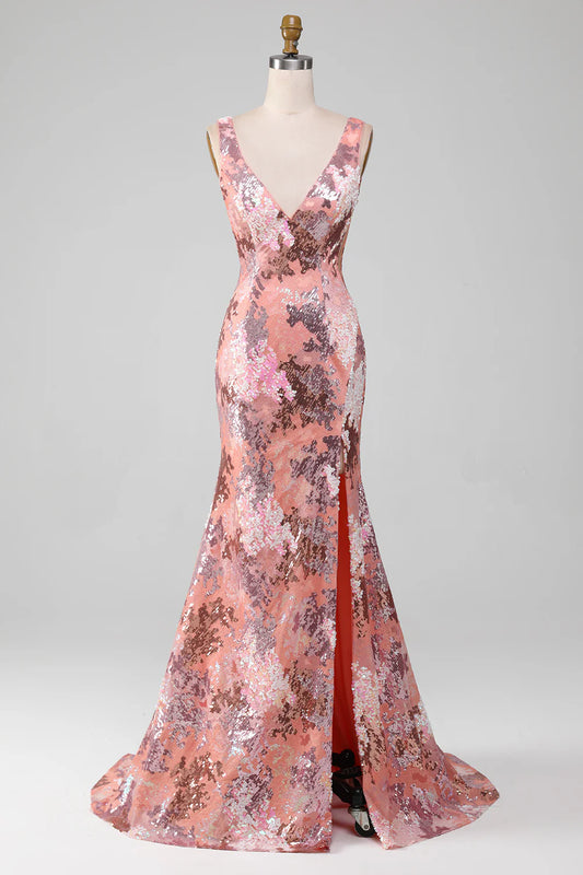 Powder blusher Sequins Mermaid Long Slim Fit Prom Dress