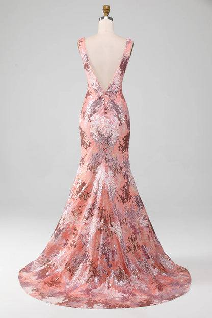 Powder blusher Sequins Mermaid Long Slim Fit Prom Dress