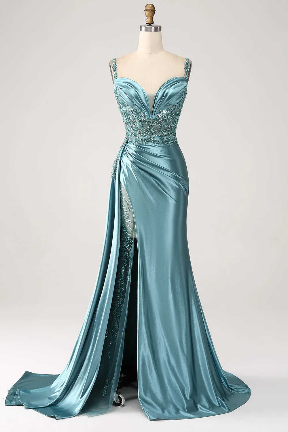 Blue slim fit mermaid V-neck satin long applied sequin split ball dress