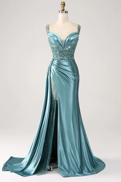 Blue slim fit mermaid V-neck satin long applied sequin split ball dress